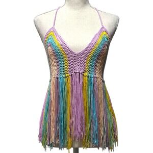 Rebellion Rainbow Pastel Crochet Fringe Halter Tank Top Women's L Boho Festival